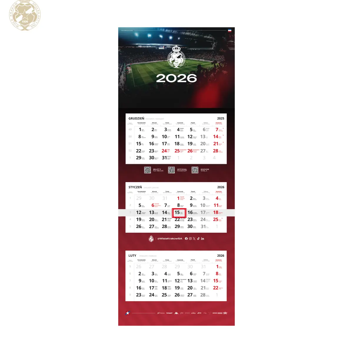 Kalendarz trójdzielny 2026 - stadion Official FanShop - TS Wisła Kraków SA