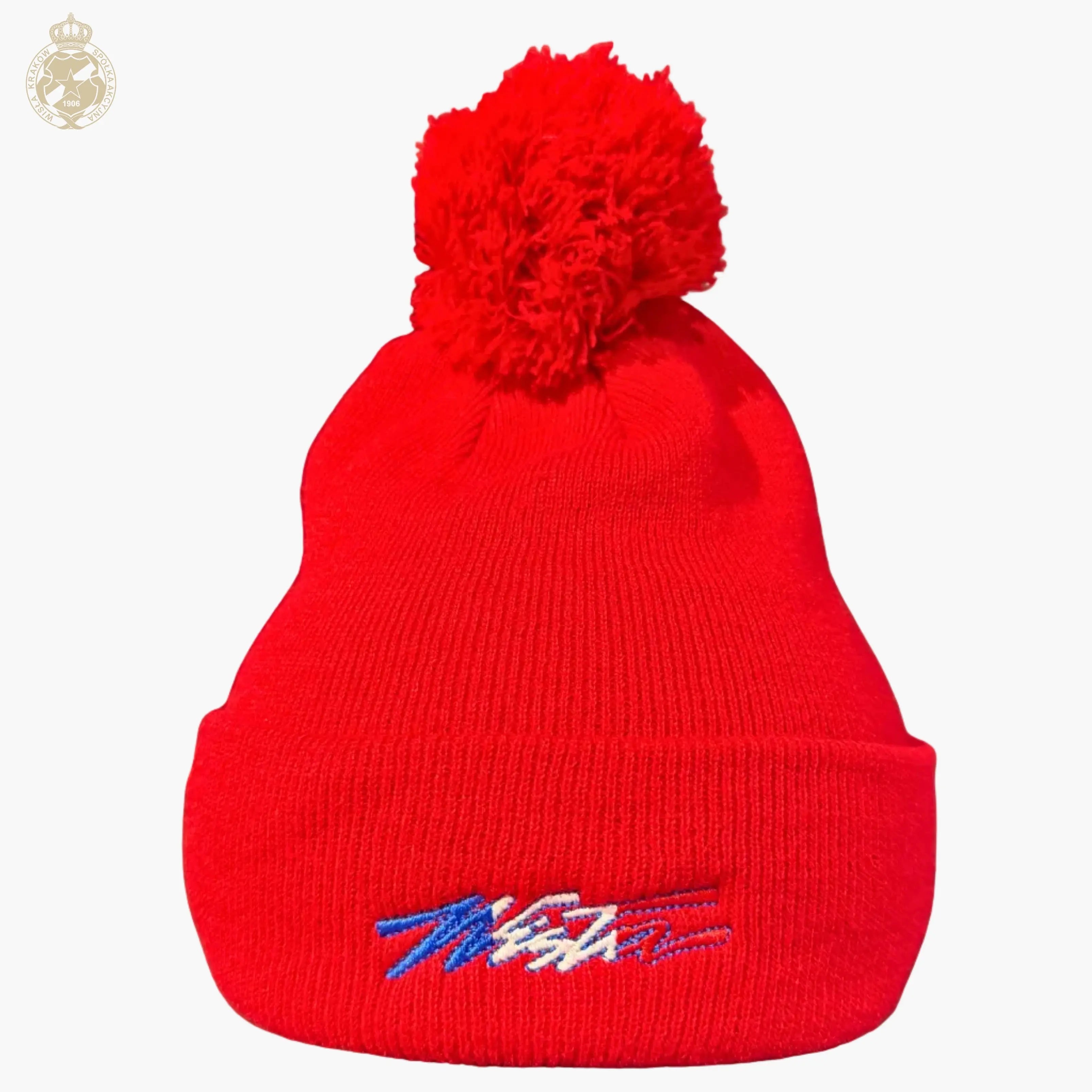 Czapka zimowa Wisła kolor z pomponem - czerwona Wisła Kraków Offical FanShop