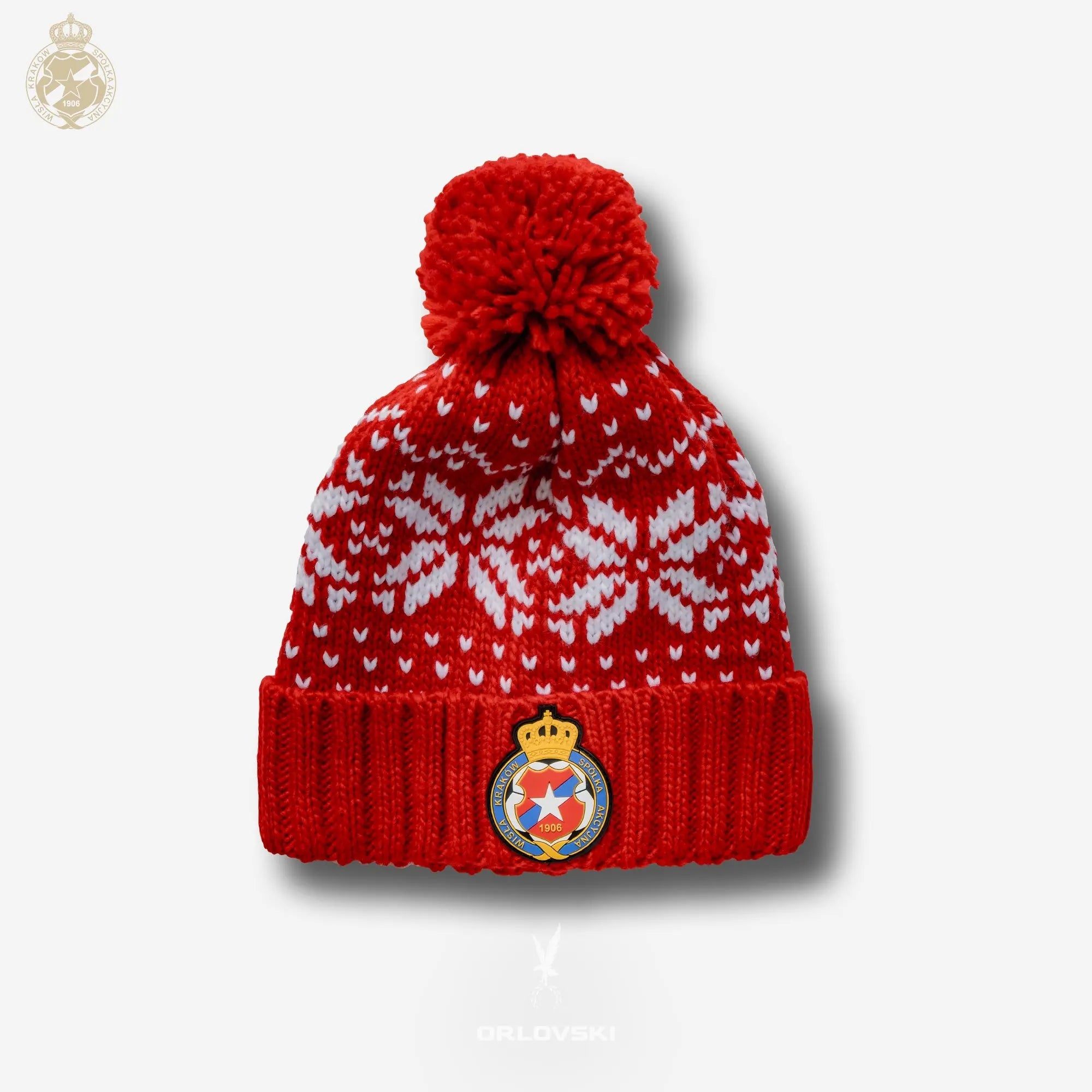Czapka zimowa sweterek Herb S.A. z pomponem (TSW086) - czerwona Wisła Kraków Offical FanShop