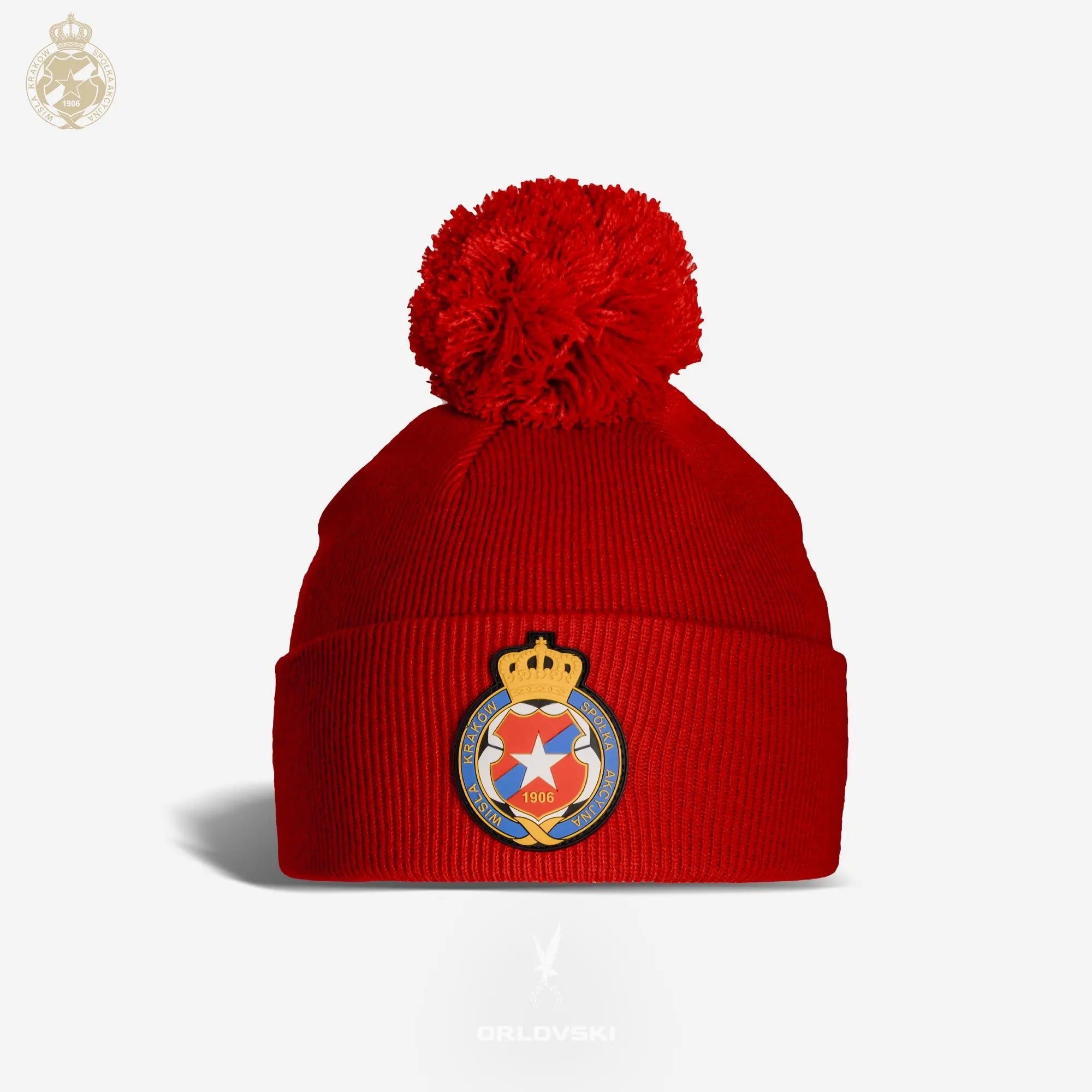 Czapka zimowa dziecięca Herb S.A. z pomponem (TSW090) - czerwona Wisła Kraków Offical FanShop