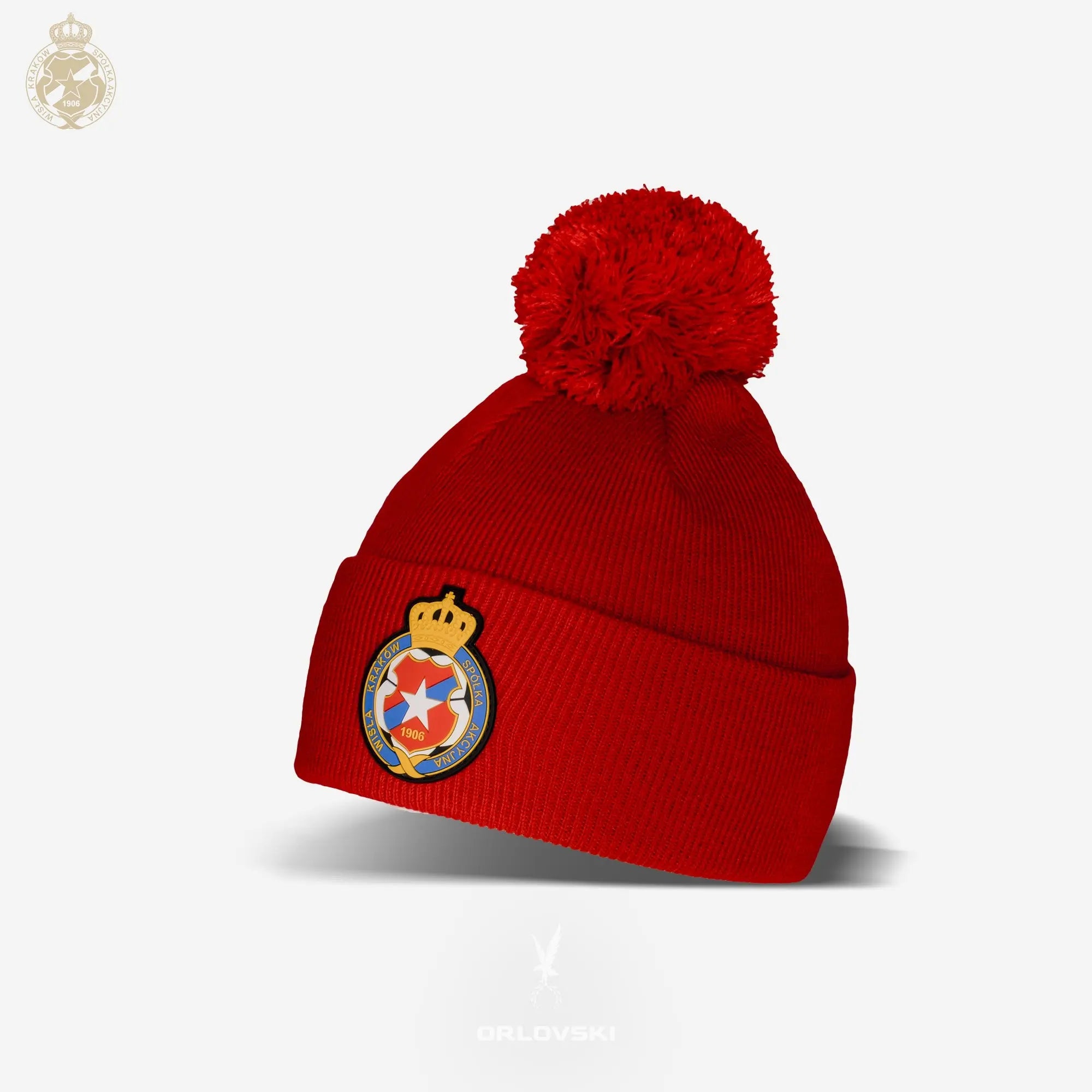 Czapka zimowa dziecięca Herb S.A. z pomponem (TSW090) - czerwona Wisła Kraków Offical FanShop