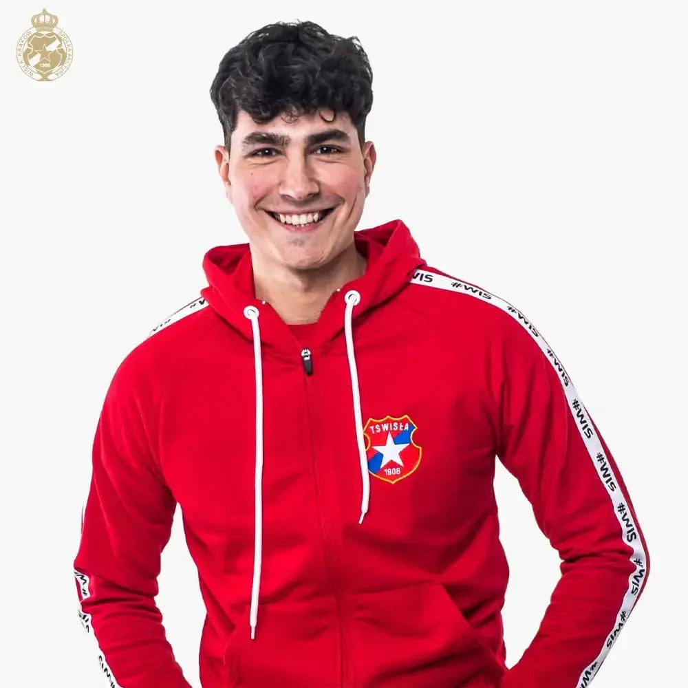 Person wearing a red hoodie with a logo on a white background