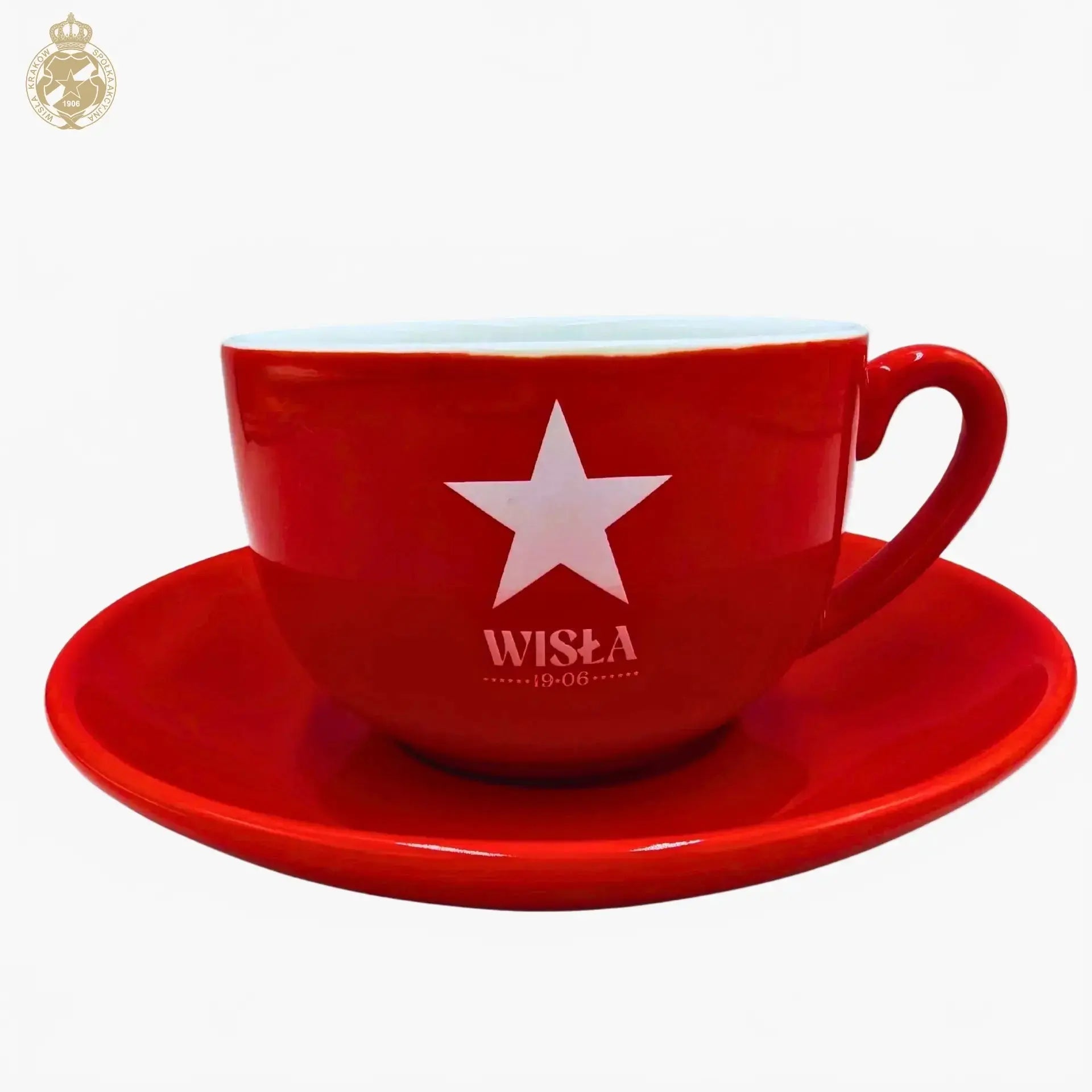 Red cup and saucer with a white star and 'WISŁA' branding on a white background