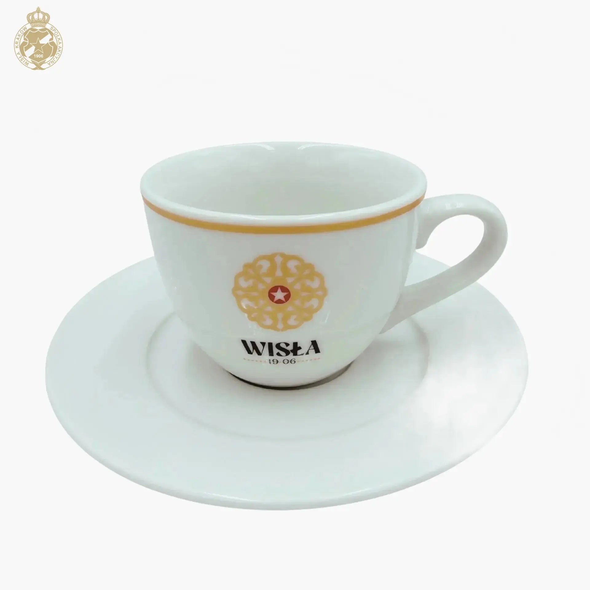 White cup and saucer with a visible brand logo on a white background