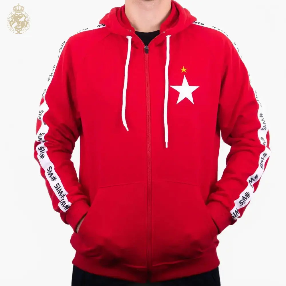 Red hoodie with a white star design on a white background