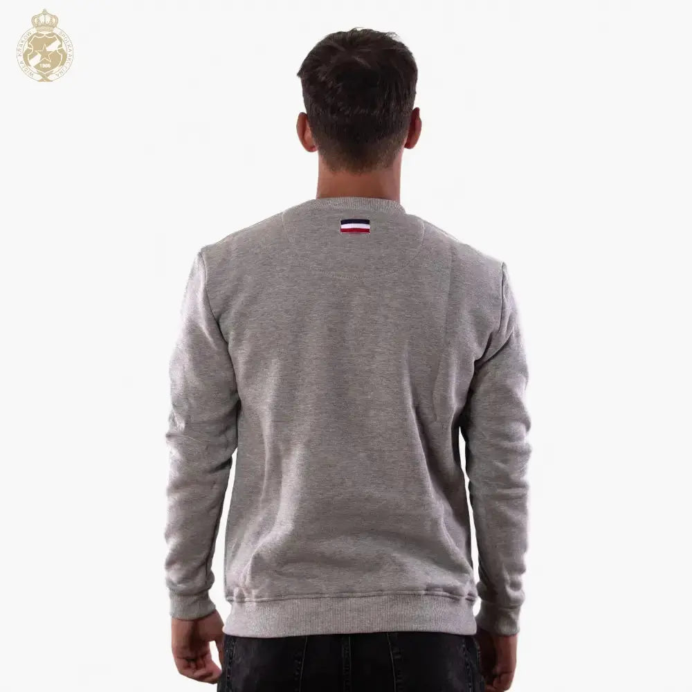 Person wearing a gray sweatshirt with a brand logo on the back against a white background