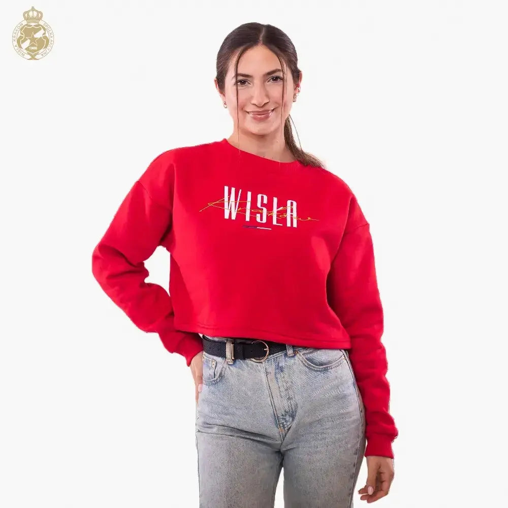 Person wearing a red sweatshirt with 'Wisła' branding on a transparent background