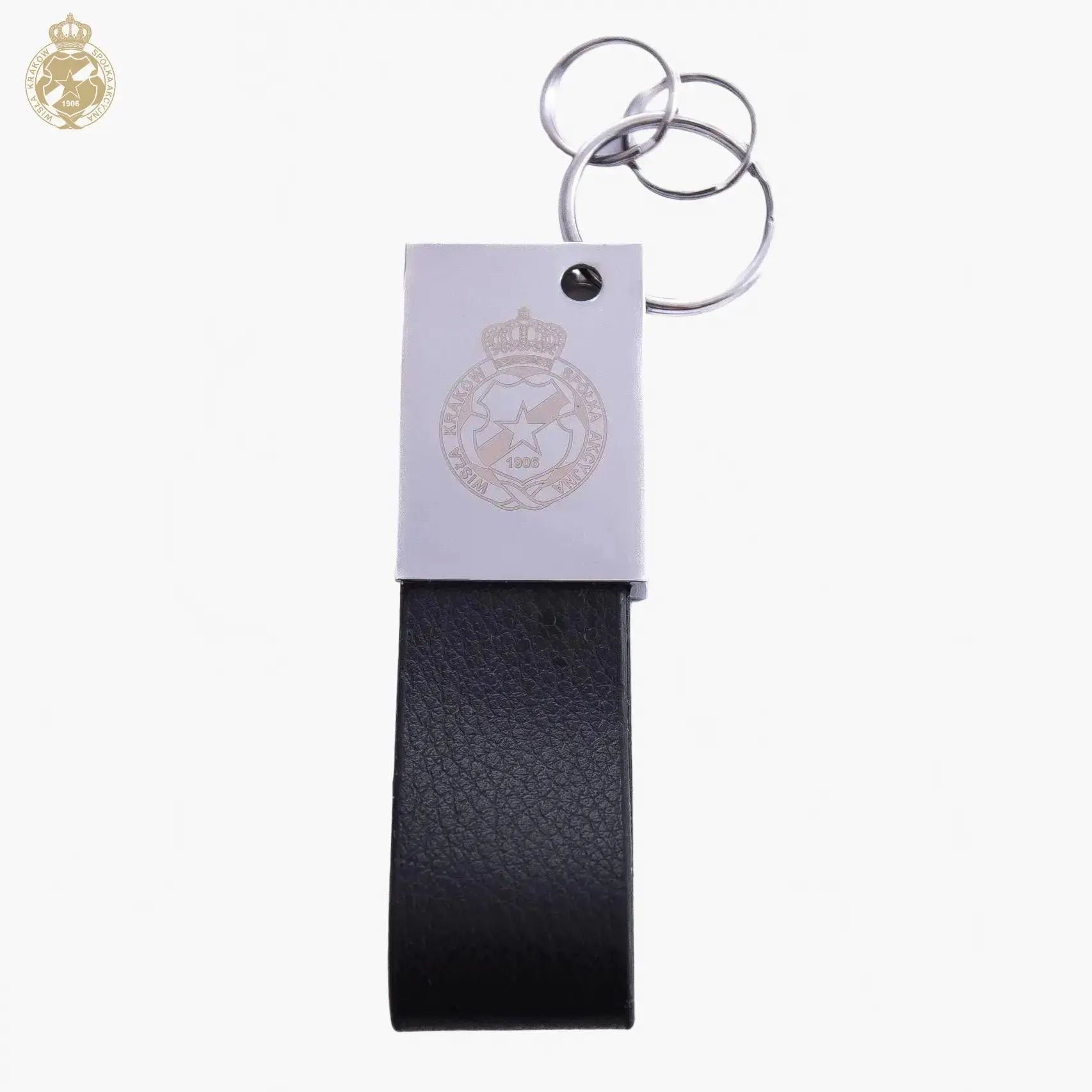 Keychain with black strap and silver tag on a white background