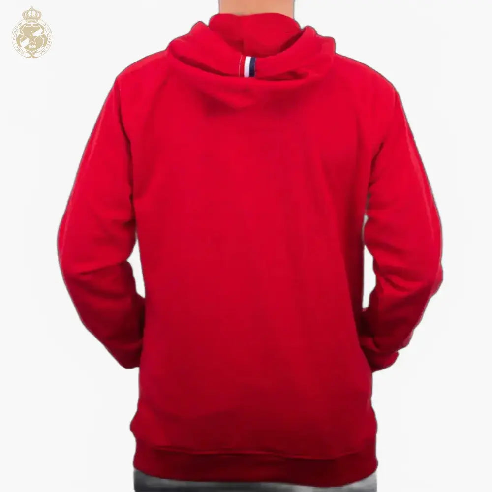 Red hoodie worn by a person on a black background